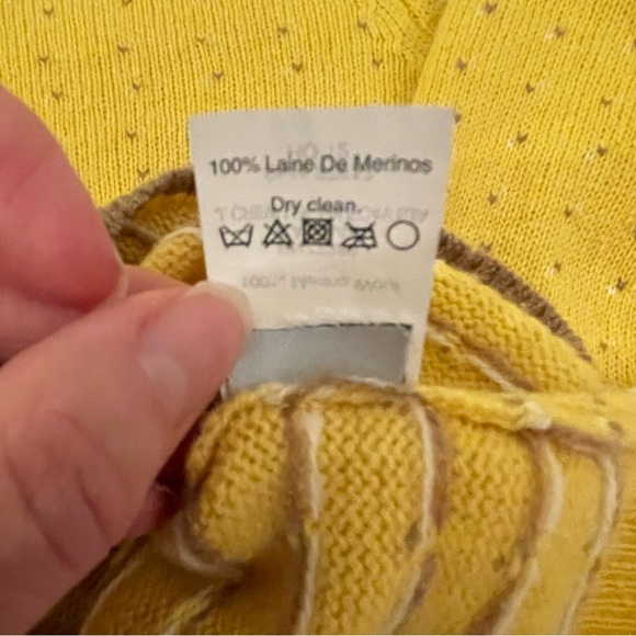 Wallace 100% merino wool crew sweater, yellow, brown, sz S. - Picture 3 of 5